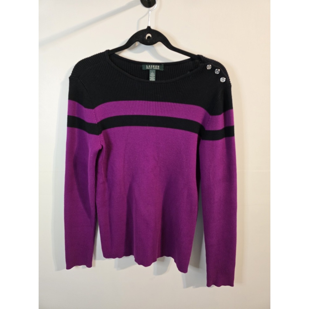 Lauren Ralph Lauren‎ Purple Black Striped Cotton Sweater Top Size L Preppy